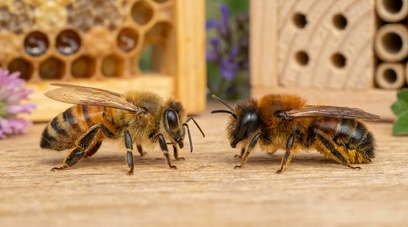 eine wildbiene und honigbiene