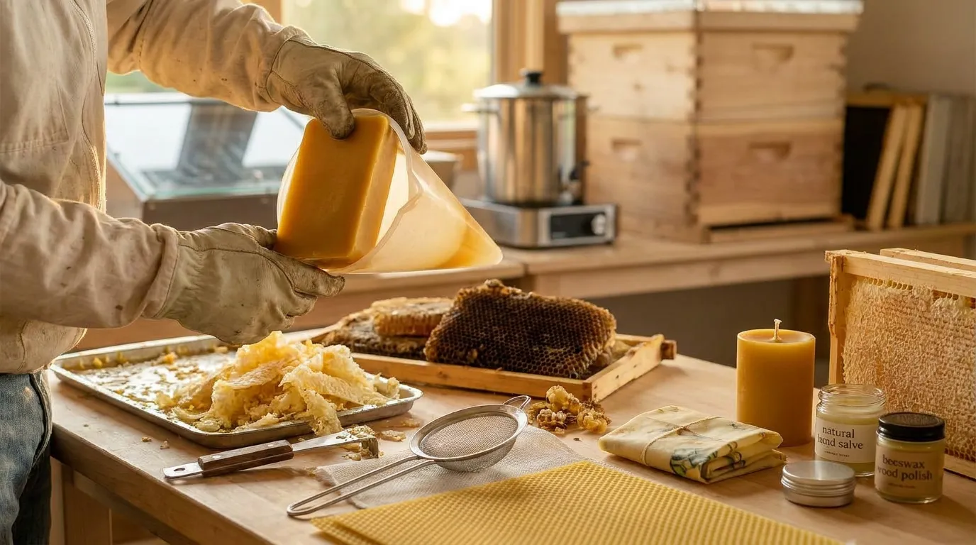 imker bei der arbeit mit bienenwachs
