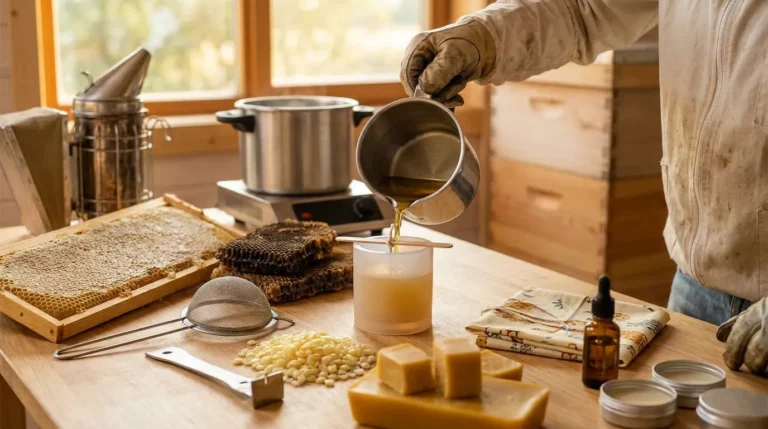imker beim arbeiten mit bienenwachs