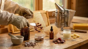 imker beim arbeiten mit propolis tinktur
