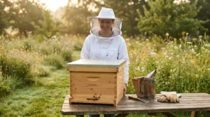 Imkerin hinter Bienenbeute