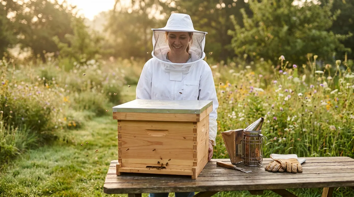 Imkerin hinter Bienenbeute