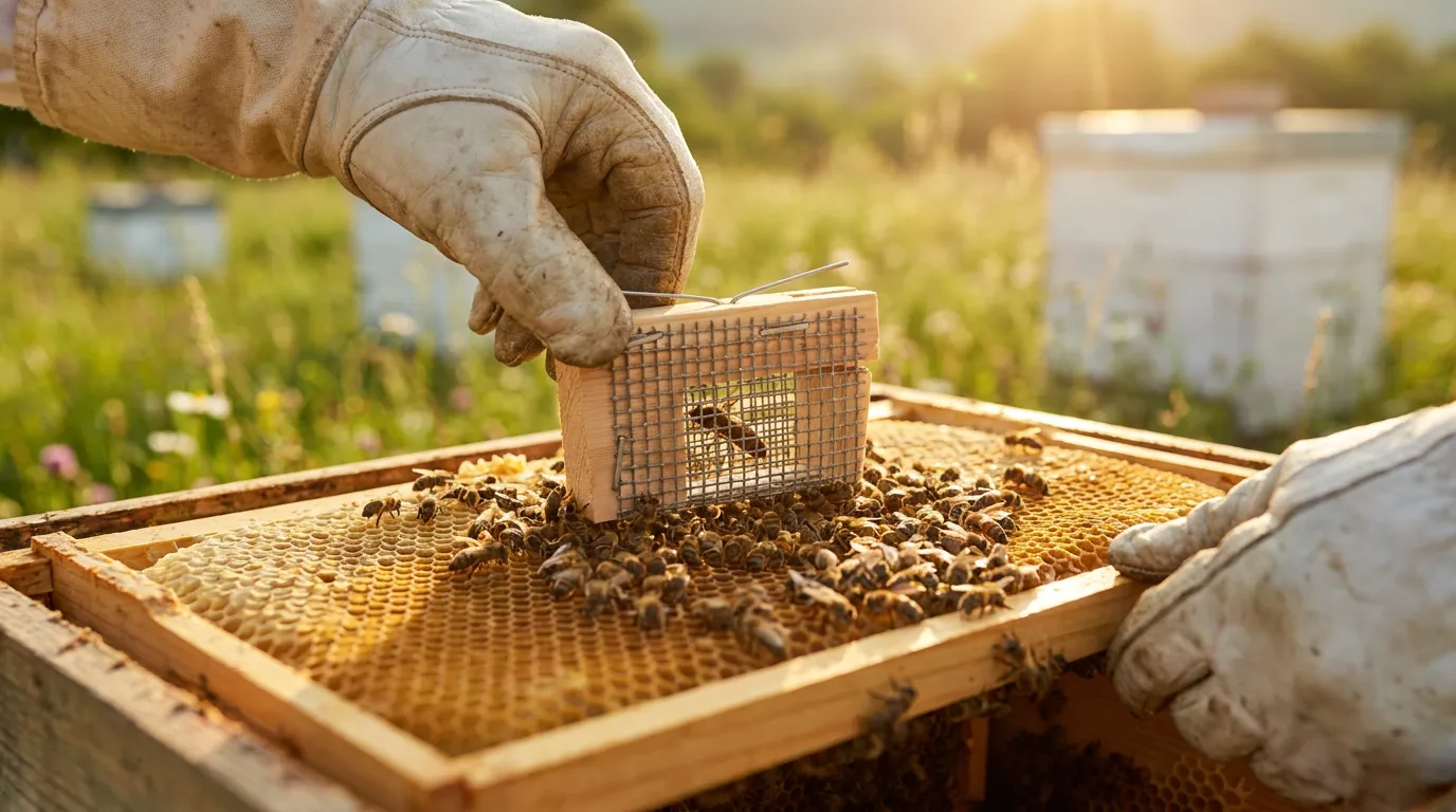bienenkönigin in iltis auf bienenwabe
