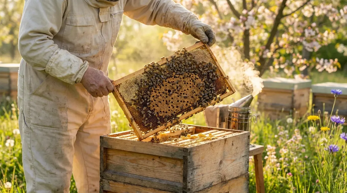 imker am bienenvolk