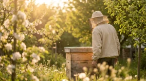 imker in wiese bei seinen bienen