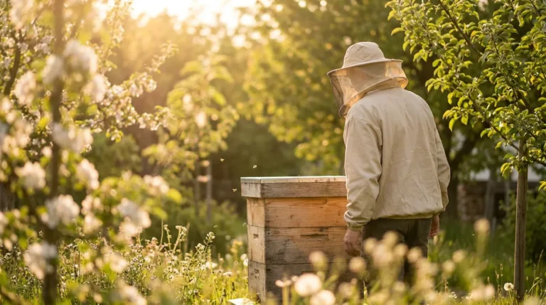 imker in wiese bei seinen bienen