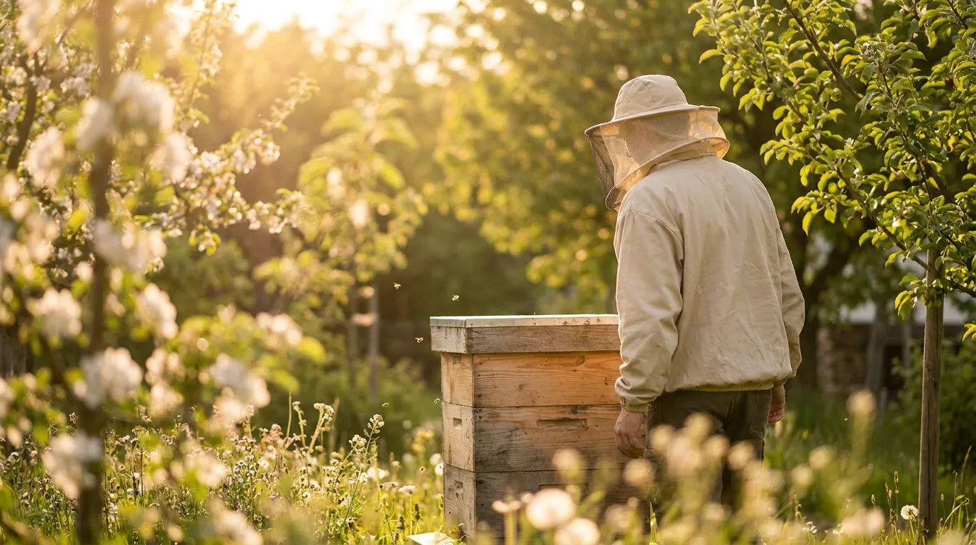 imker in wiese bei seinen bienen